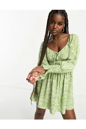 In The Style X Jac Jossa milkmaid shirred cuff mini dress in green floral