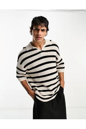 AllSaints Kade knit polo top in ecru stripe