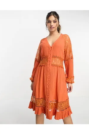 Y.A.S Y.A.S long sleeve mini dress with lace inserts in rust