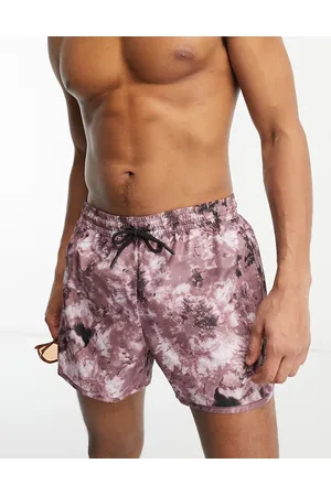 Weekday Men Swim Shorts - Tan printed swim shorts in burgundy