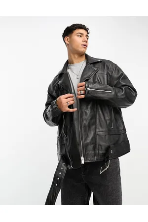 Bolongaro Men Leather Jackets - Oversized zip biker leather jacket with belt in
