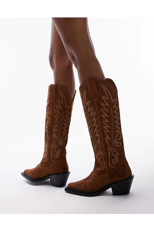 Topshop Bailey premium leather western boot in cognac suede