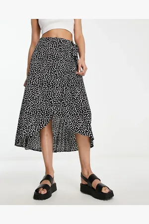 Pieces® Wrap midi skirt in black & white spot