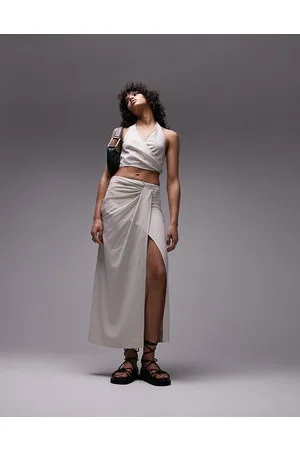 Topshop Co-ord linen tuck waist maxi skirt in sand