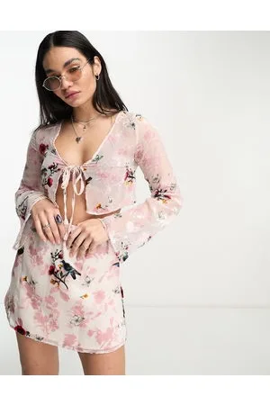 Sisters of the Tribe Long sleeve tie up crop top in red and pink floral velvet burnout co-ord