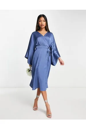 TFNC Bridesmaid kimono sleeve satin wrap midi dress in dusky