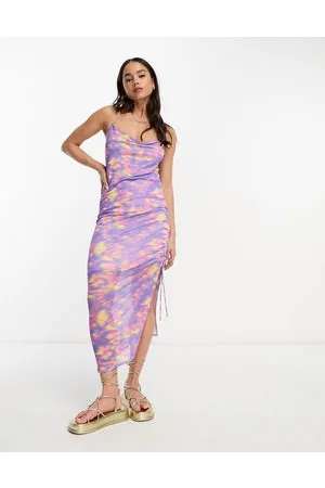 Monki Mesh cami gathered midi dress in blurred flower print
