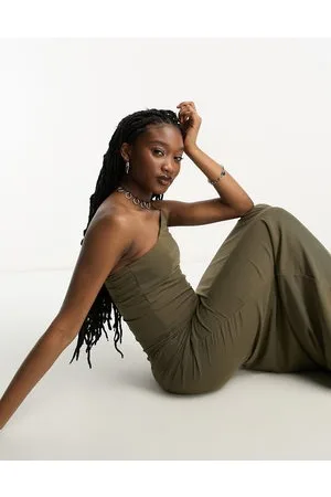 Noisy May One shoulder maxi dress in khaki