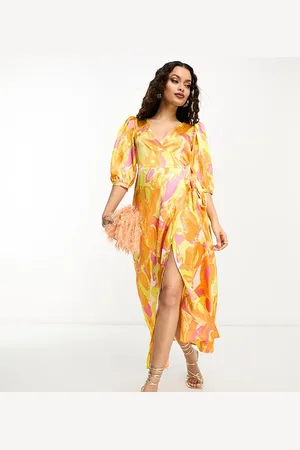 VILA Textured satin wrap midi dress in orange abstract print