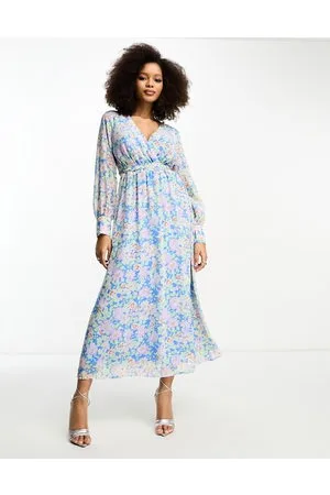 VILA Tie waist midi dress in pastel blue floral
