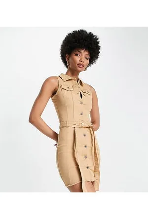 Parisian Belted denim utility dress in camel