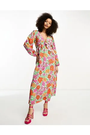 VILA Balloon sleeve midi dress with frill waist in bright bold floral