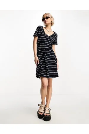 ONLY V neck tie waist mini dress in stripe