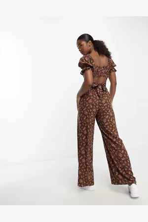 Miss Selfridge Tie back wide leg jumpsuit in brown animal ditsy