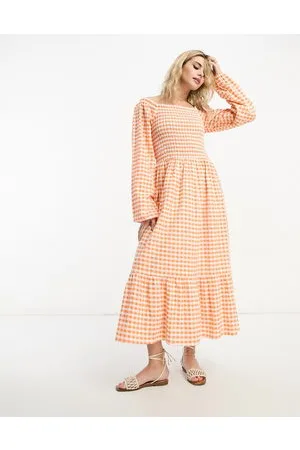 Monki Long sleeve midi dress with ruffled hem in gingham
