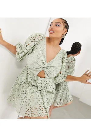 ASOS Curve broderie twist front mini dress with puff sleeve in sage