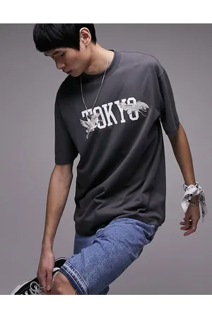 Topman Men T-shirts - Oversized fit t-shirt with Tokyo crane embroidery in charcoal