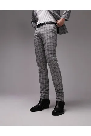 Topman Men Skinny Pants - Skinny checked linen mix wedding suit trousers in