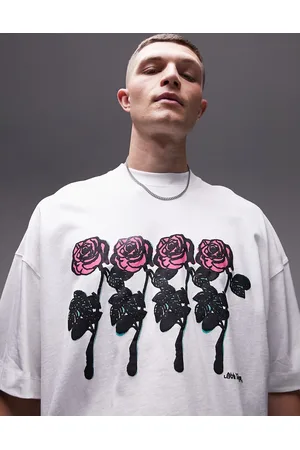 Topman Men T-shirts - Extreme oversized t-shirt with front and back rose tattoo print in ecru