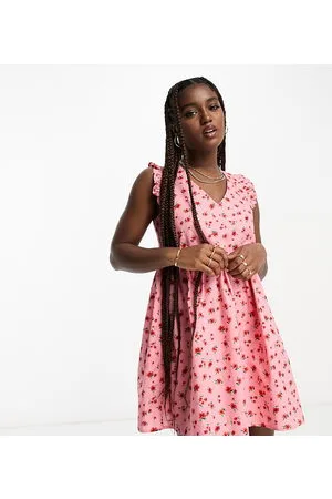 JDY Exclusive tie back frill detail mini dress in pink ditsy floral