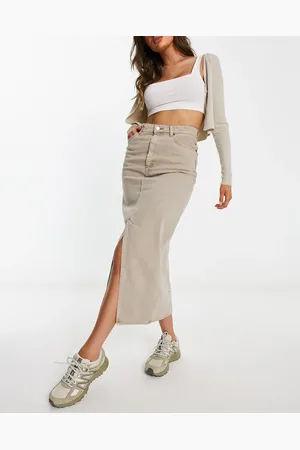 Monki Denim midi skirt with split in beige