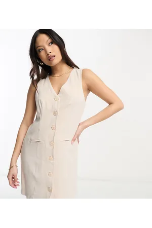 ASOS Women Sleeveless Dresses - ASOS DESIGN Petite sleeveless button through waistcoat dress in natural