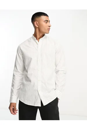 SELECTED Men Shirts - Shirt with grandad collar in off stripe