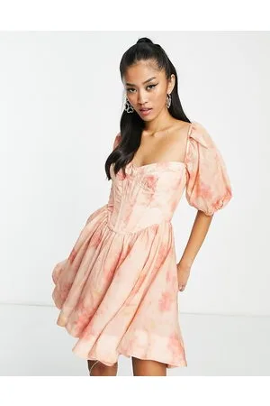 Bardot Puff sleeve corset mini dress in apricot floral