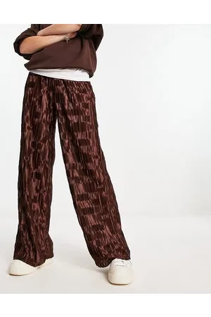 Urban Threads Satin plisse wide leg trousers co-ord in chocolate