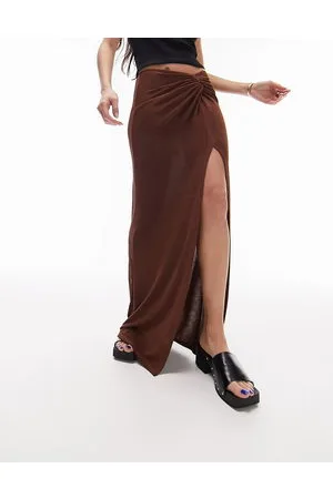 Topshop Slinky twist front maxi skirt in chocolate