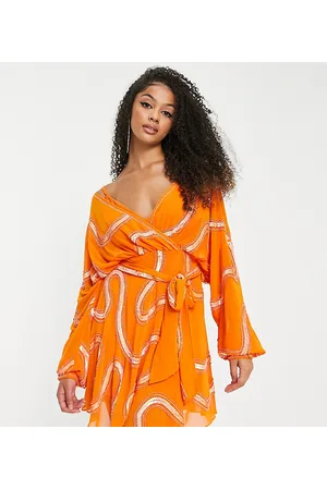 ASOS Women Evening Dresses - Tall rouleaux loop tie waist mini dress with swirl embellishment in orange