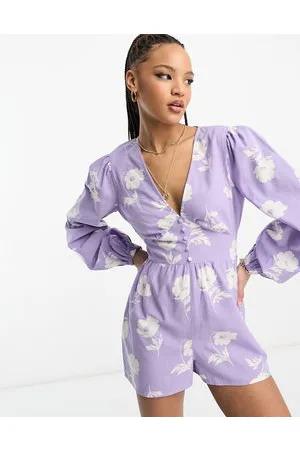 Miss Selfridge Linen look button through playsuit in lilac hibiscus print