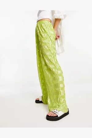 Urban Threads Satin plisse wide leg trousers co-ord in lime