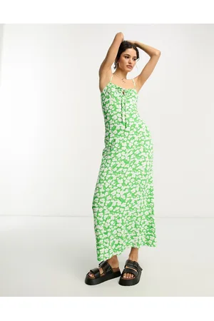 ASOS Women Casual Dresses - Strappy ruched bust midi dress in green and white floral