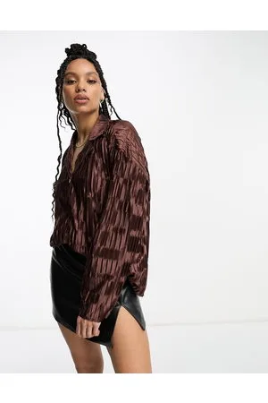 Urban Threads Satin plisse oversized shirt co-ord in chocolate