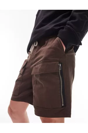 Topman Men Shorts - Zip double cargo pocket short in brown