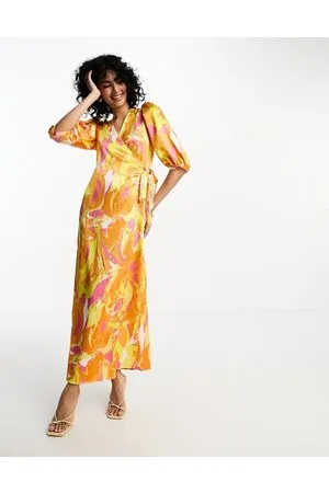 VILA Textured satin wrap midi dress in orange abstract print