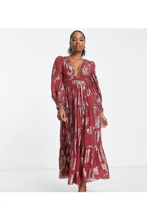 ASOS ASOS DESIGN Petite metallic channel detail midi dress with puff sleeves and tie back detail in