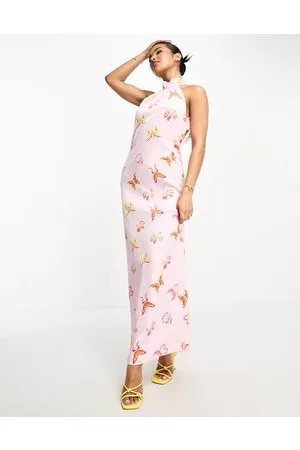 Something New Halter neck open back satin maxi dress in candyfloss satin butterfly print