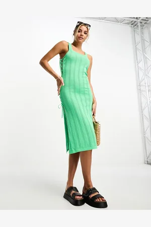 Pieces® Crochet side ruched midi beach dress in bright