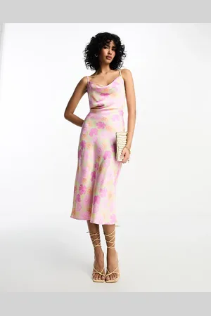VILA Satin cami midi dress with tie back in pink floral