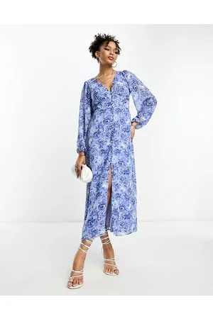 VILA V neck button through maxi dress in blue floral