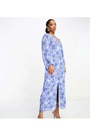 VILA V neck button through maxi dress in blue floral