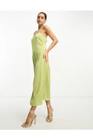 Lola May Satin cross back midi dress in chartreuse