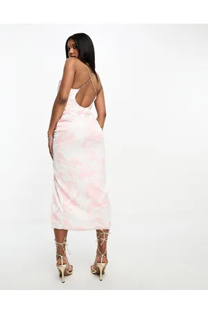 Simmi London Simmi satin ruched front diamante detail midi dress in pink