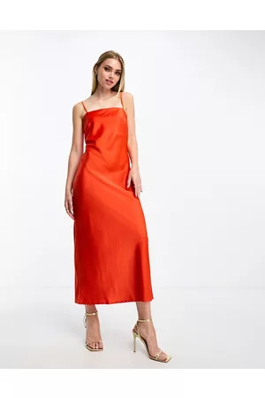 Pieces® Satin midi dress in coral