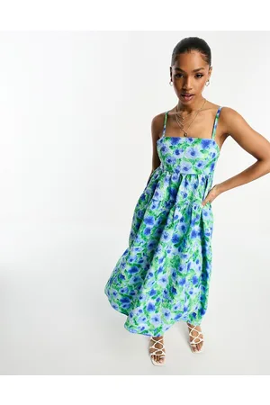 Monki Jaquard seersucker cami midi dress in blue and green flower print