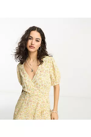 Reclaimed Wrap tea playsuit with ruffles in yellow ditsy floral