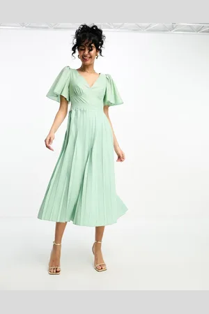 Little Mistress Plunge flutter sleeve midi dress in sage