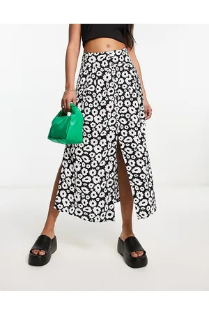 ASOS Button through midi skirt with split in mono daisy print
